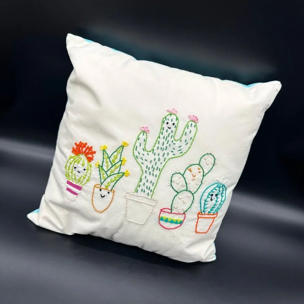 Handmade Embroidered Cactus Throw Pillow Kitschy Anthropomorphic Decorative - Picture 1 of 11
